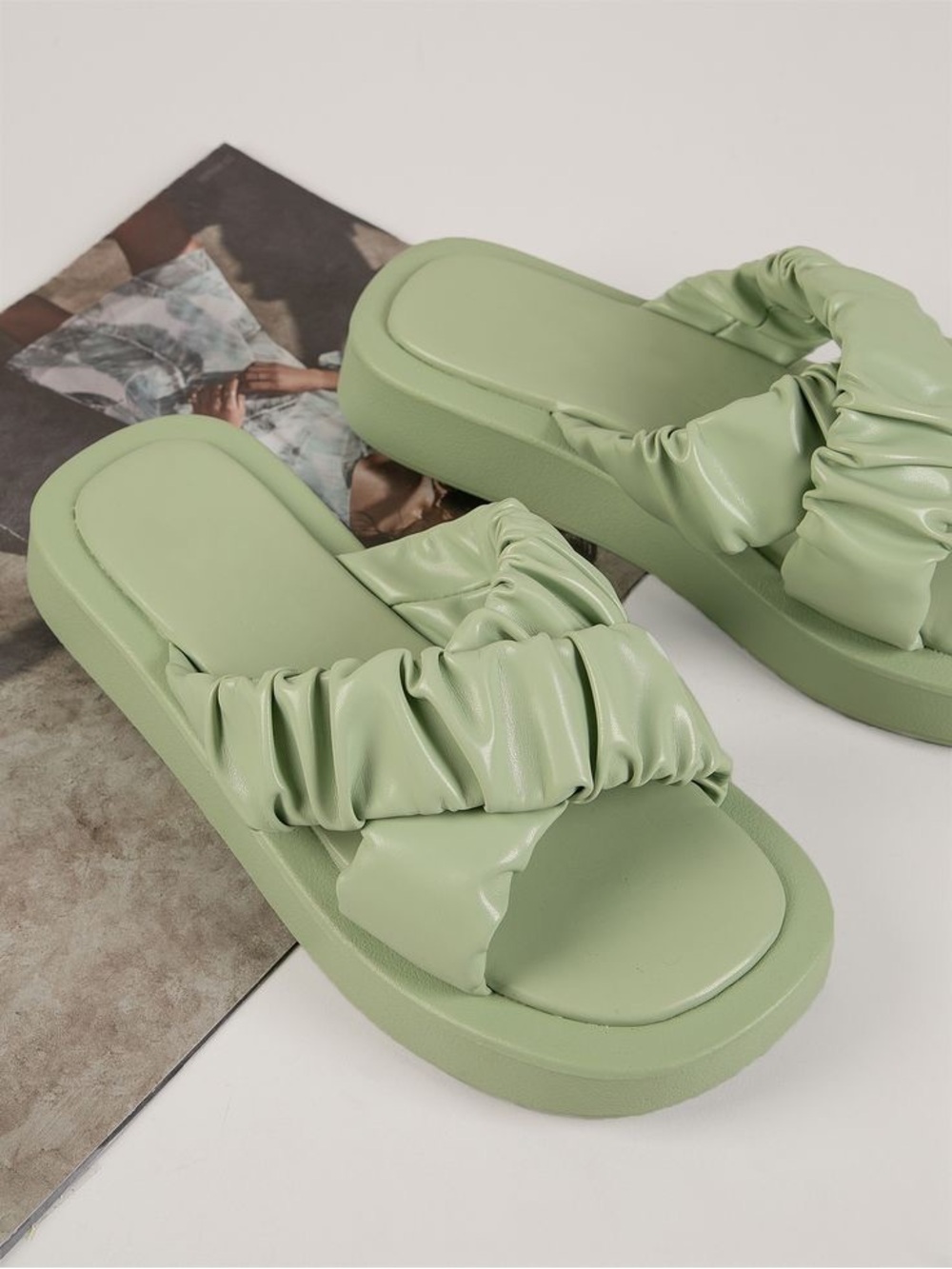 SHEIN Ruched Slide Sandals in Light Green